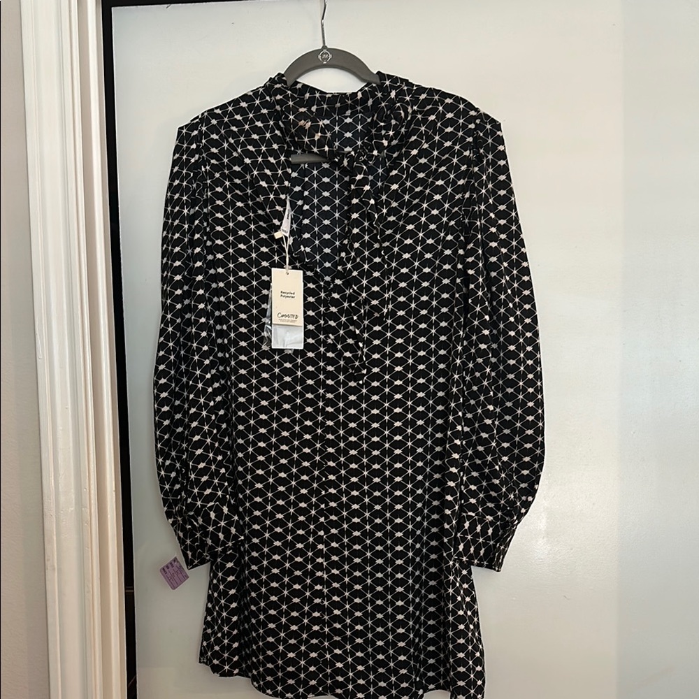 Mango Black and White Mock Neck Bishop Sleeve Dress